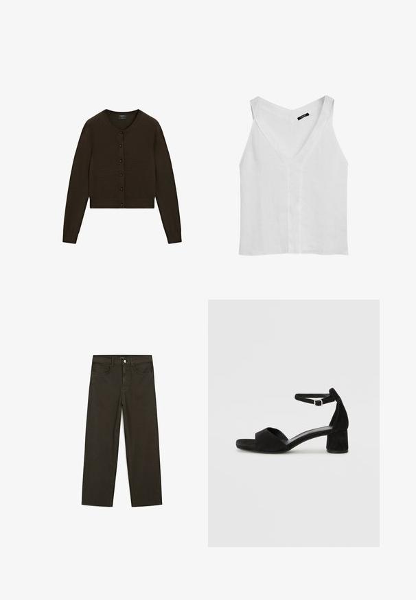 Bruine, cropped cardigan met gebreide textuur, ronde hals, sluiting met knopen aan de voorkant met zwarte knopen, lange mouwen, geribbelde tailleband en manchetten.; Massimo Dutti FLOWING DOUBLE FABRIC GARMENT - Top - white; Donkergroene wijde jeans van een katoenmix, met een sluiting met een voorste knop, vijf zakken en klassieke denimstiksels.; Zwarte suede hakken met een dunne enkelband, open teen ontwerp en een bescheiden blokhak. Zachte textuur en minimale accenten.