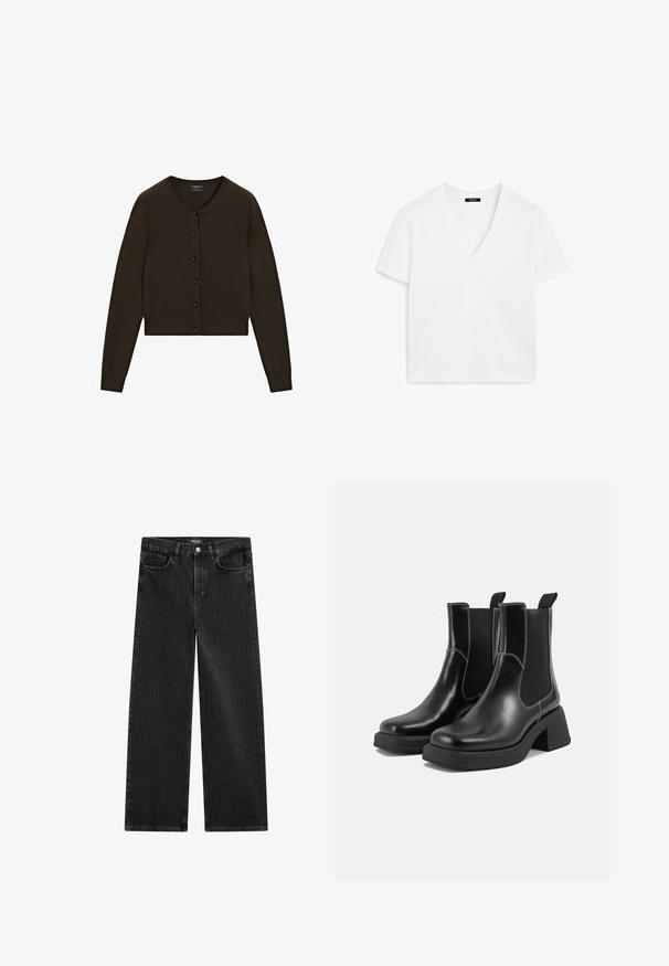 Cardigan corto marrone, texture lavorata a maglia, scollo rotondo, chiusura frontale con bottoni neri, maniche lunghe, orlo e polsini a costine.; T-shirt bianca a maniche corte con scollatura a V, realizzata in cotone, caratterizzata da un design minimalista e una texture liscia, con orlo dritto e senza decorazioni.; Jeans in denim nero a gamba larga con un sottile motivo a righe verticali, dotati di cinque tasche e una chiusura a bottone classica in vita.; Stivali Chelsea in pelle nera con tacco spesso, pannelli elasticizzati sui lati e cuciture bianche a contrasto. Finitura testurizzata.