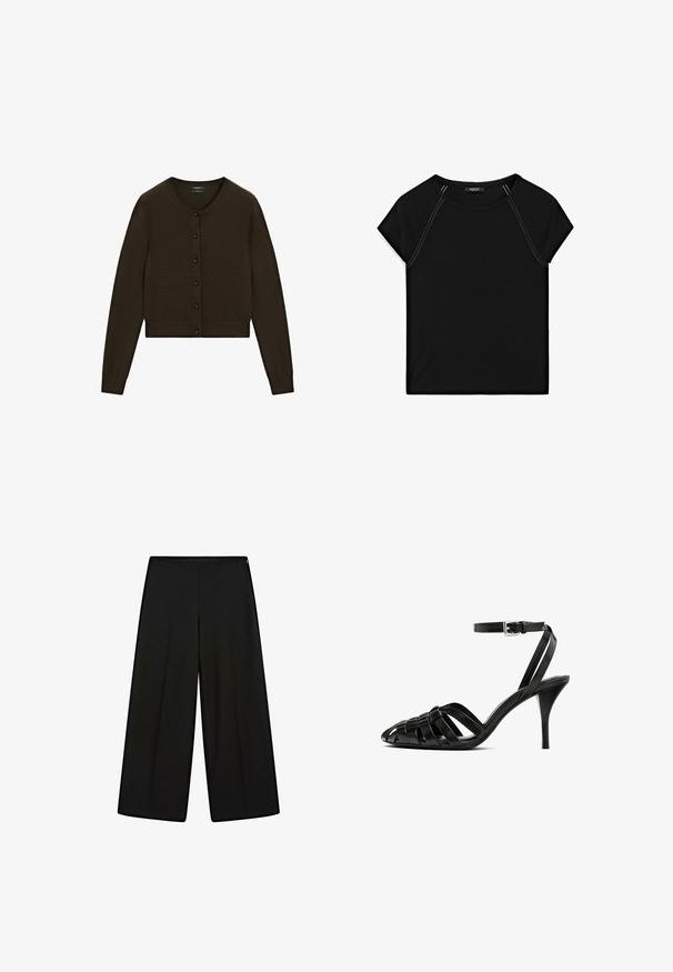 Cardigan corto marrone, texture lavorata a maglia, scollo rotondo, chiusura frontale con bottoni neri, maniche lunghe, orlo e polsini a costine.; Top nero a maniche corte con scollatura rotonda e cuciture bianche in contrasto lungo le spalle e i lati. Tessuto morbido e liscio.; Pantaloni neri a gamba larga realizzati in tessuto morbido, con vita alta e pieghe, caratterizzati da una texture liscia e senza decorazioni visibili.; Sandaletta nera in pelle con tacco alto e cinturino alla caviglia, caratterizzata da fasce intrecciate sulla punta, una finitura liscia e una forma della punta appuntita.