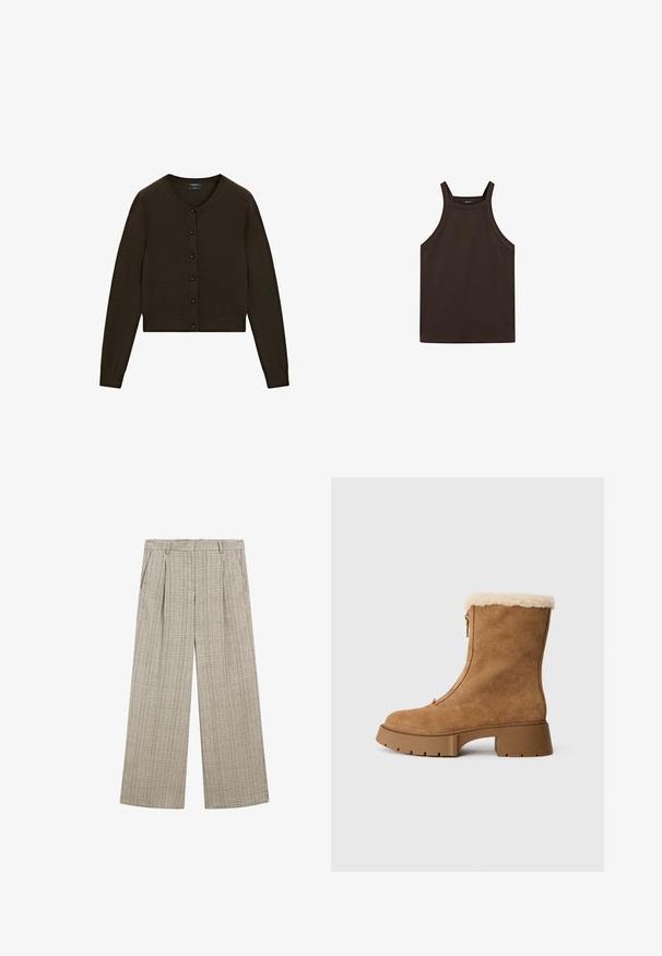 Cardigan corto marrone, texture lavorata a maglia, scollo rotondo, chiusura frontale con bottoni neri, maniche lunghe, orlo e polsini a costine.; Massimo Dutti HALTER NECK - Top - dark brown; Pantaloni a gamba larga beige a quadri con un tessuto testurizzato, pieghe frontali, tasche laterali e una cintura per una vestibilità sicura.; Stivale alla caviglia in camoscio marrone con rivestimento morbido color crema, cerniera laterale e suola in gomma spessa. Presenta una texture liscia e punta arrotondata.