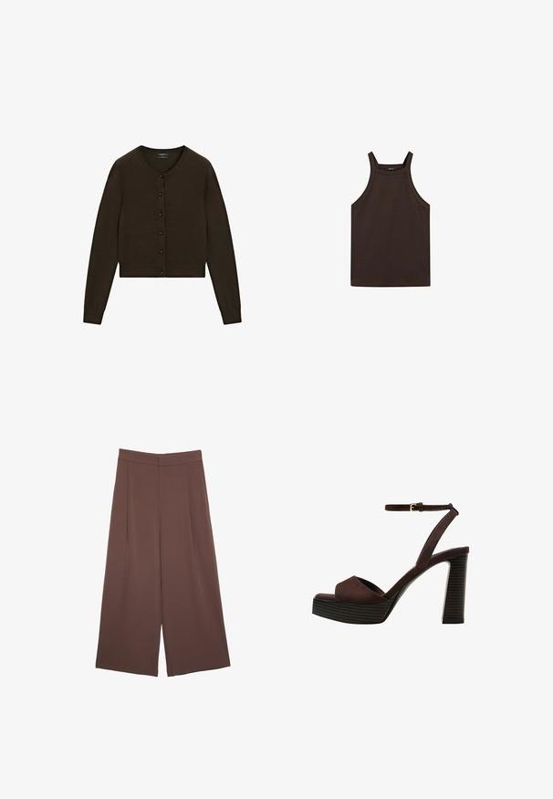 Brauner, kurz geschnittener Cardigan mit gestrickter Textur, rundem Ausschnitt, vorderem Knopfverschluss mit schwarzen Knöpfen, langen Ärmeln sowie geripptem Bund und Manschetten.; Massimo Dutti HALTER NECK - Top - dark brown; Braune Weite-Leg-Hosen mit einer glatten Textur, hoher Taille und Vorderfalten. Der Stoff ist leicht und fällt locker.; Braune Wildleder-Pumps mit offenem Zeh, verstellbarem Knöchelriemen und gestreiftem Plateausohlen.