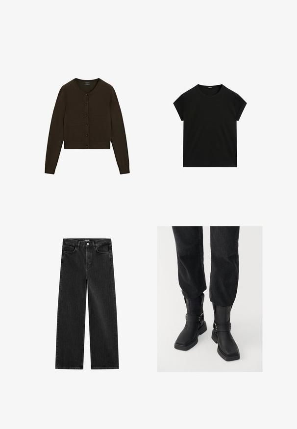 Brown cropped cardigan, knitted texture, round neckline, front button closure with black buttons, long sleeves, ribbed waistband and cuffs.; Black short-sleeve crew neck t-shirt with a straight hem, displayed flat on a white background.; Wide-leg black denim jeans with a subtle vertical stripe pattern, featuring five-pocket design and a classic button closure at the waist.; Black leather ankle boots with a square toe, featuring a wide strap and metal buckle detail. The boots have a chunky sole and smooth texture.