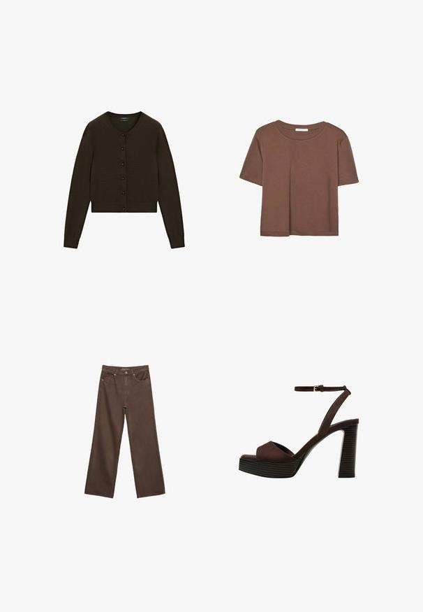 Brauner, kurz geschnittener Cardigan mit gestrickter Textur, rundem Ausschnitt, vorderem Knopfverschluss mit schwarzen Knöpfen, langen Ärmeln sowie geripptem Bund und Manschetten.; Braunes, kurzärmliges T-Shirt aus weichem Material mit rundem Halsausschnitt und lockerer Passform. Keine sichtbaren Muster oder Akzente.; Weite braune Jeans aus Denim, mit hoher Taille, Fronttaschen und klassischem Knopfverschluss. Glatte Textur mit feinen Nähten.; Braune Wildleder-Pumps mit offenem Zeh, verstellbarem Knöchelriemen und gestreiftem Plateausohlen.