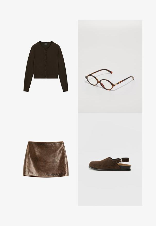 Brown cropped cardigan, knitted texture, round neckline, front button closure with black buttons, long sleeves, ribbed waistband and cuffs.; Brown and white striped long-sleeve polo shirt, featuring a collar and three-button placket, made from a soft fabric.; Brown metallic mini skirt with a smooth, shiny texture. Features a simple design and clean lines, with a straight hem at the bottom.; Brown suede slip-on shoe with a low heel, an adjustable strap with a silver buckle, and a black rubber sole.; Tortoiseshell eyeglasses with oval frames, clear lenses, and gold accents. Features curved temples and a smooth, glossy finish.; Brown suede hobo bag with a soft, slouchy shape, featuring a single shoulder strap and a subtle seam detail along the edges.