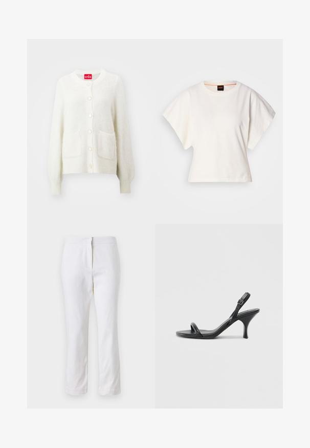Balta pūkaina kardigāna ar apaļu kakla izgriezumu, priekšējām kabatām un sešām pērlītēm līdzīgām pogām uz teksturēta apdares. Mīksts, viegls materiāls.; Balts īsais T-krekls, plašas īsas piedurknes, mīksts kokvilnas materiāls, apaļa kakla izgriezums ar delikātu oranžu apdari, minimāls dizains, bez rakstiem vai grafikām.; Baltas kokvilnas bikses ar taisnu kāju dizainu, ar vidēju augstumu un bez redzamām detaļām vai rakstiem. Visā virsmā ir gluda tekstūra.; Melnas ādas augstpapēžu sandales ar plānu, izliekta formas papēdi un krustenisku siksnu dizainu. Regulējama potītes siksna. Gluda tekstūra.