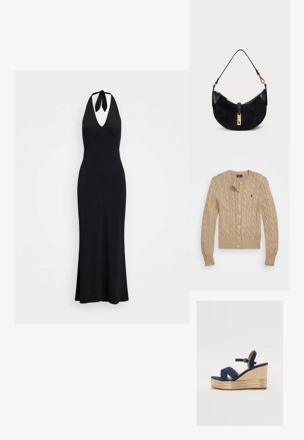 Beige cable-knit cardigan with a rounded collar, button front, ribbed cuffs, and hem. Features a small logo on the left chest.; Black halter neck dress with a deep V neckline, fitted silhouette, and a flared hem. Material appears smooth and lightweight.; Navy blue wedge sandal with crossed straps, a textured natural fiber platform, and a gold metallic accent on the base.; Black handbag with a curved shape, made of suede and leather, featuring a gold-tone zipper and a logo detail. Includes a short handle.