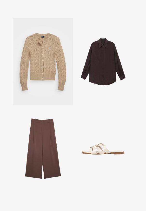 Beige kauluskudottu cardigan, jossa on pyöreä kaulus, nappilista, ribattu hihansuu ja helma. Vasemman rinnan kohdalla on pieni logo.; Pitkähihaista tumma ruskeaa kangasta oleva paita, jossa on teräväkaulainen kaulus, etupuolen nappisuljenta ja suora helma. Tasainen tekstuuri ja rento istuvuus.; Ruskeat leveälahkeiset housut, joissa on sileä pinta, korkea vyötärö ja etupleat. Kangas on kevyttä ja laskeutuu väljänä.; Tason vaaleanruskealla kumipohjalla, jossa on kolme päällekkäistä valkoista nahkaremmiä ja pieni satiininen rusetti keskellä.