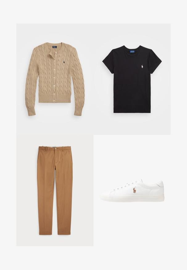 Beige kabelstrikket cardigan med rund krage, knappfrontal, ribbestrikkede mansjetter og kant. Har en liten logo på venstre bryst.; Svart bomulls t-skjorte med rund hals, korte ermer og en hvit brodert logo på venstre bryst. Glatt tekstur, uformelt design.; Brune bomullsbukser med en slim-fit design, flat front og standard lommer; jevn tekstur og kantede mansjetter.; Hvite lærsko, lavt design, med en glatt tekstur, rund tå, snøring foran, og en liten brodert logo på siden.