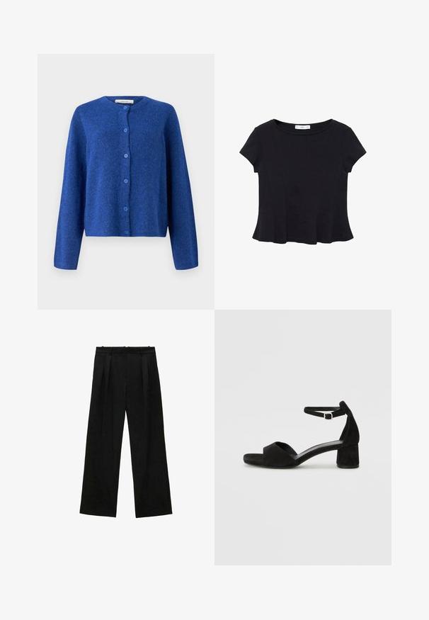 Selected Femme SLFLULU NEW NOOS - Cardigan - dazzling blue; Black short-sleeve top made of soft fabric, featuring a rounded neckline and a flared hem with subtle seam detailing.; Black wide-leg trousers with pleats, featuring a smooth texture and a high waist design. Minimalist style, no visible hardware or embellishments.; Black suede heeled sandals with a thin ankle strap, open toe design, and a modest block heel. Smooth texture and minimal accents.