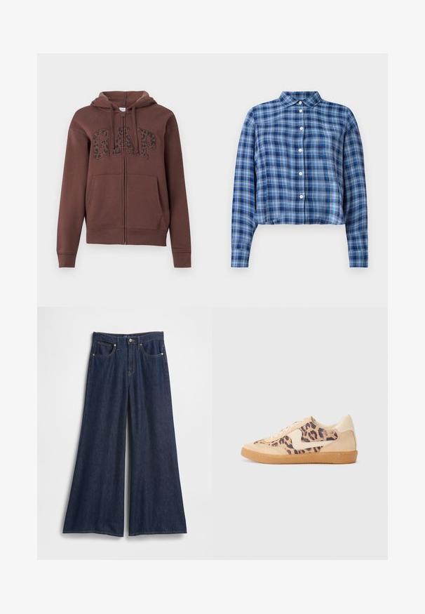 Bruine zip-up hoodie met een gevoerde capuchon, grote voorkruiszakken en "GAP" in zwarte luipaardprint op de borst. Gemaakt van zachte stof.; Blauwe en zwarte geruite langemouwen cropped blouse met puntige kraag en witte knopen aan de voorkant op een witte achtergrond.; Wijde spijkerbroeken in donkerblauw. Voorzien van een hoge taille, vijf zakken en contrasterende stiksels. Gladde textuur met een nette zoom.; Luipaardprint sneakers met een beige suède bovenkant, tan rubberen zool en witte accenten. Ronde neus en vetersluiting met een gestructureerde afwerking.