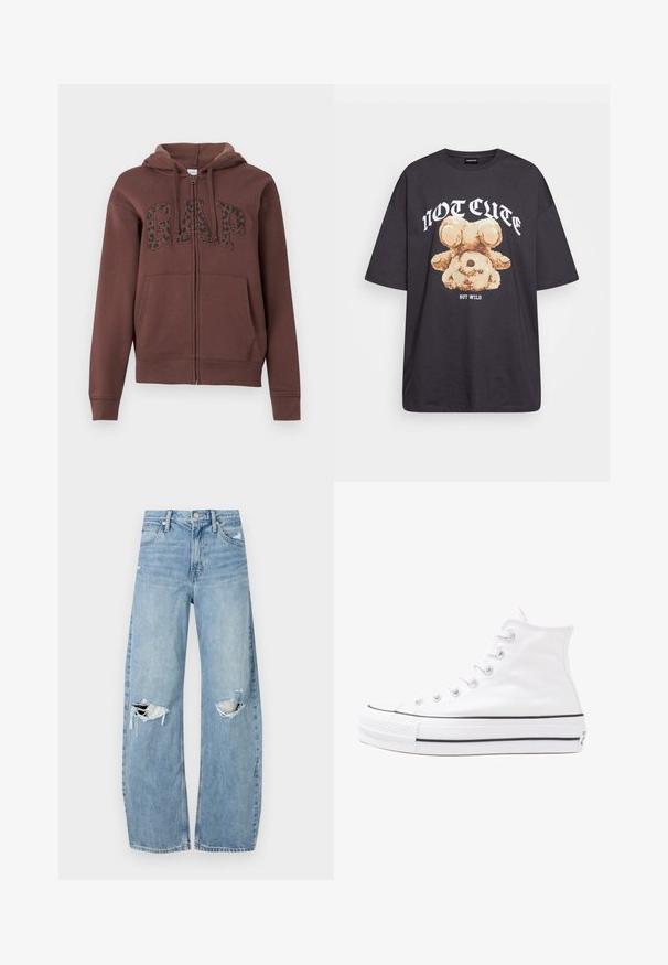 Smeđa zip-up dukserica s podstavljenim kapuljačom, velikim prednjim džepovima i "GAP" natpisom u crnom leopard uzorku na prsima. Izrađena od mekog materijala.; Crna oversized majica s grafikom medvjeda i natpisom "NIJE SLATKO, ALI DIVLJE" u podebljanim, bijelim slovima. Pamuk.; Svijetloplave, visoko-strukirane traperice. Imaju široke nogavice, dva razderana područja na koljenima i klasičan stil s pet džepova.; Bijela visoka platnena tenisica s crnom gumenom potplatom, prednjim gumenim zaštitnikom prstiju i šest rupa za vezanje, s čistim, minimalističkim dizajnom.