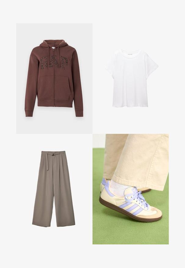 Bruine zip-up hoodie met een gevoerde capuchon, grote voorkruiszakken en "GAP" in zwarte luipaardprint op de borst. Gemaakt van zachte stof.; Witte T-shirt van zacht, lichtgewicht stof. Heeft een ronde halslijn en korte, brede mouwen met een ontspannen pasvorm. Geen zichtbare patronen.; Wijd nietenbroeken van een zachte, gedempte grijze stof, met een ceintuur in de taille en plooien voor extra ontwerpelementen. Gladde textuur, geen patronen.; Crème- en lavendel-sneakers met drie strepen en een gestructureerde bruine zool, voorzien van veters en een gewatteerde hiel. Zachte stoffen bovenkant.