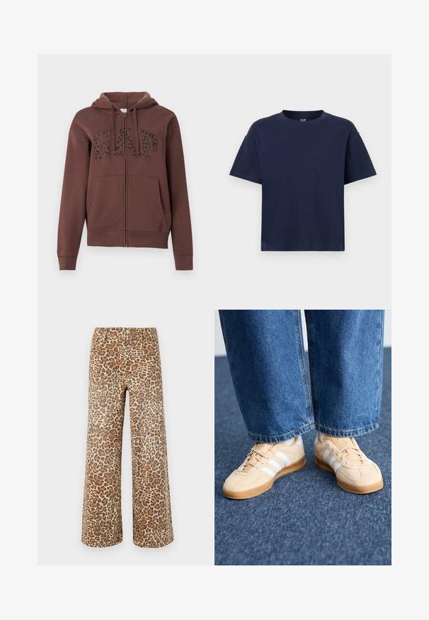 Brown zip-up hoodie with a lined hood, large front pockets, and "GAP" in black leopard print on the chest. Made from soft fabric.; Navy blue cotton t-shirt with a round neckline and short sleeves, featuring a relaxed fit and minimal design. No patterns or accents.; Leopard print wide-leg trousers in tan and brown tones, featuring a classic waistband, button closure, and five-pocket design.; Beige suede sneakers with white stripes, rubber soles, and round toe. Paired with loose denim jeans, showing a straight leg and blue fabric.