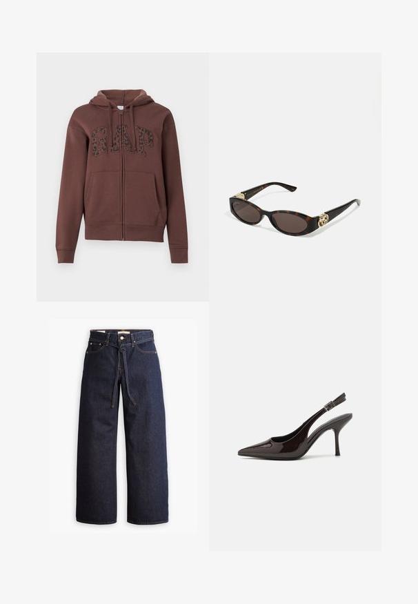 Brun zip-up hettegenser med foret hette, store frontlommer og "GAP" i svart leopardmønster på brystet. Laget av myk stoff.; Svart langermet skjorte laget av en bomullsblanding, med rund hals og tettsittende design uten synlige mønstre eller grafikk.; Viddeben mørkeblå denim jeans med høy midje, som har snøring, fem lommer og kontraststing.; Slingback høyhælte sko i blankt mørkebrunt patentlær, spiss tå, åpne sider og justerbar ankelrem.; Skilpadde-solbriller med avlange ovale linser, brun tint, gull-logo aksenter på stengene og elegante svarte armer.; Bordeaux håndveske med en buet silhuett og en kort stropp, med en gullglidelås og en subtil Calvin Klein-logo på forsiden.