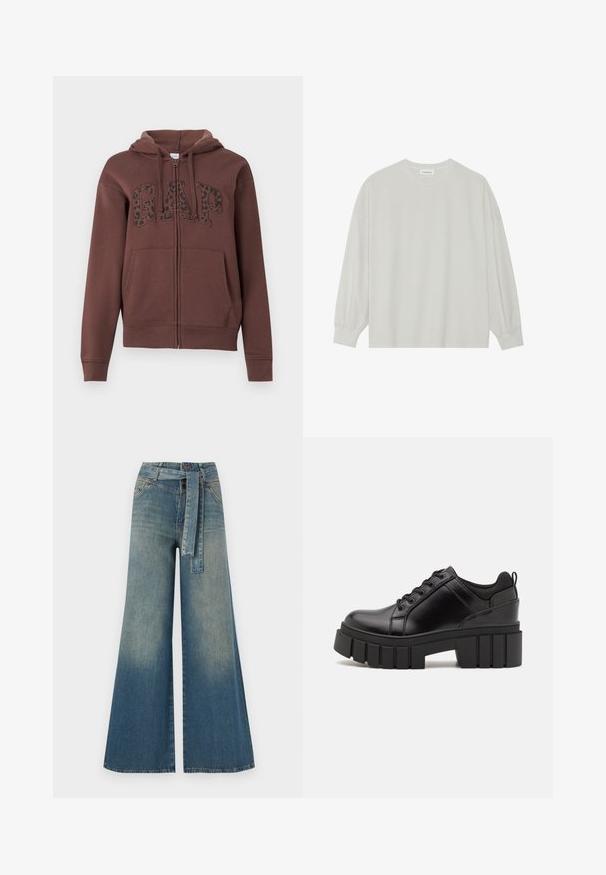 Brun zip-up hettegenser med foret hette, store frontlommer og "GAP" i svart leopardmønster på brystet. Laget av myk stoff.; Lys grå langermet t-skjorte laget av myk bomull. Har en løs passform, rund hals og forsiktig samlet mansjetter. Ingen mønstre eller grafikk.; Bredde ben jeans med en lyseblå til mørkeblå gradient, høyt liv, beltehemper og et matchende belte i samme stoff. Teksturert denimoverflate.; Svarte lærplattformsko med kraftig blokkhell, rund tå og tradisjonell snøring. Har en jevn tekstur og minimal detaljering.