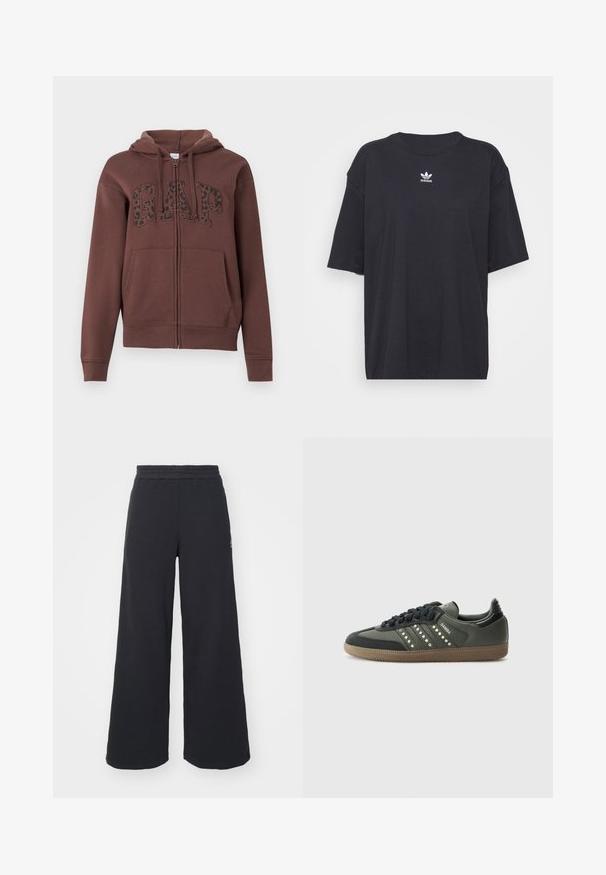 Brun zip-up hettegenser med foret hette, store frontlommer og "GAP" i svart leopardmønster på brystet. Laget av myk stoff.; Svart bomull T-skjorte med korte ermer, rund halslinje, med en hvit Adidas-logo på brystet. Enkel design, avslappet passform.; Svart bukse med vid benvidde laget av myk stoff, med elastisk midjebånd og en liten logo på venstre side.; adidas Originals SAMBA OG - Joggesko - core black/legend earth/gum