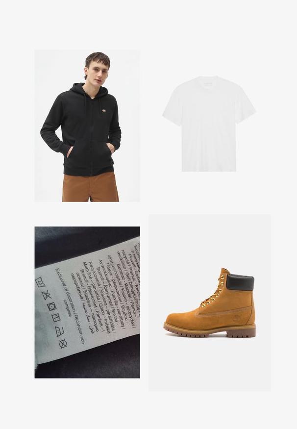 Felpa nera con zip, realizzata in pile, dotata di una tasca frontale a marsupio, cappuccio regolabile con cordino e piccolo logo sul petto.; T-shirt bianco in cotone con maniche corte, scollatura a girocollo e orlo dritto. Tessuto liscio, design minimalista senza motivi o dettagli.; Etichetta con testo multilingue, simboli di cura e icone di riciclo, stampata su un materiale morbido simile a stoffa di colore chiaro.; Stivale alla caviglia in suede tan con collare imbottito nero, occhielli in metallo dorato, dettagli in cucitura bianca e suola in gomma robusta con battistrada pronunciato.