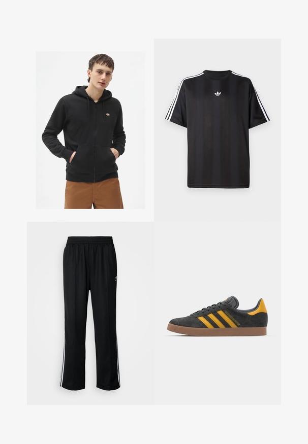 Svart hettegenser med glidelås laget av fleece, med en frontlomme i kenguru-stil, justerbar snorhett, og en liten logo på brystet.; Svart t-skjorte med kort erm og hvite tre-stripes detaljer på skuldrene og en liten hvit logo på brystet. Mjuk stofftekstur.; Sorte treningsbukser med elastisk midjebånd, med hvite sidestiper og en liten logo. Materialet ser mykt og lett ut.; Sort skinnesko i svart semsket skinn med gule detaljer, med tre striper og en brun gummisåle. Inkluderer en polstret tunge for komfort.