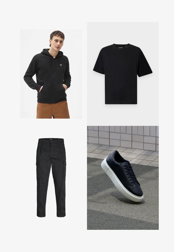 Svart hettegenser med glidelås laget av fleece, med en frontlomme i kenguru-stil, justerbar snorhett, og en liten logo på brystet.; Svart kortermet T-skjorte med rund hals og en avslappet passform, vist på hvit bakgrunn.; Sorte cargo bukser laget av slitesterkt stoff, med flere lommer, knappelukking og en slim fit-design med avsmalnede ben.; Sorte skinnsneakers med rund tå og hvit gummisåle. Har flate lisser og minimal søm på overdelen. Strukturert såle for grep.