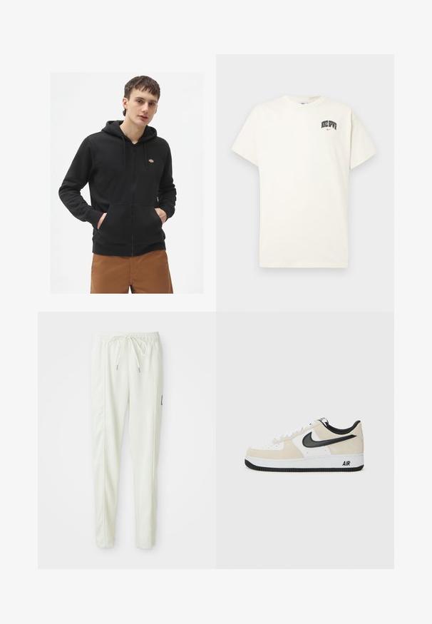 Sudadera con cremallera negra hecha de forro polar, que presenta un bolsillo canguro frontal, capucha con cordón ajustable y un pequeño logo en el pecho.; Camiseta de algodón color crema con mangas cortas, que presenta "NIKE SB" en texto negro y rojo en el pecho. Cuello redondo estándar.; Pantalones jogger ajustados blancos con cintura elástica y cordón, que presentan detalles en las costuras laterales y un pequeño parche negro en la pierna derecha.; Zapatillas con parte superior de ante beige claro y cuero blanco, swoosh negro de Nike, acentos negros y una suela de goma blanca con la marca "AIR".