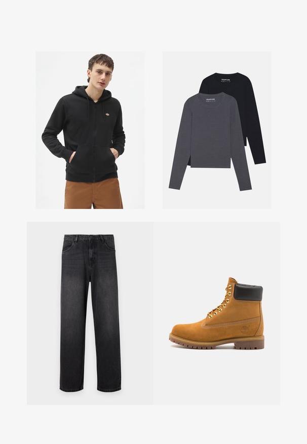 Musta fleece-tyyppinen huppari, jossa on vetoketju, etupuolen kenguru-tasku, säädettävä nyörinhattu ja pieni logo rinnassa.; YOURTURN 2 PACK UNISEX - Pitkähihainen paita - dark grey/black; Tumma harmaat farkut suora lahjerakenteella, varustettuna vetoketjullisella haaroilla, viidellä taskulla ja hienovaraisilla haalistumis yksityiskohdilla kankaassa.; Valkoinen nahkainen nilkkuri mustalla pehmustetulla kauluksella, kultaisilla metallisilla rei'illä, valkoisella ompeluksella ja jykevällä kumipohjalla, jossa on selvästi näkyvät urat.