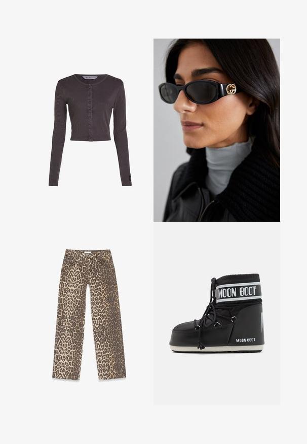 Grå kortärmad lång cardigan gjord av ribbat tyg, med rund halsringning och en rad knappar fram. Svart etikett på ärmen.; Vit skjort med spetsig krage, långa ärmar och en liten blå logotyp på vänster bröst. Tillverkad av bomullstyg.; Jeans i leopardmönster med en neutral beige och brun färgpalett, rak bendesign och traditionella fickdetaljer.; Svart Moon Boot med en vadderad ovandel, säkrad med snörning och ett distinkt vitt band med logotypen. Tjock, texturerad gummisula.; Svarta solglasögon med en elegant rektangulär ram och en guldfärgad logotypaccent på sidan. Mörka linser och en blank yta är framträdande.; Svart, vadderad handväska med en guldkedjesnor, som har en distinkt guldkrok och en liten tagg, med en texturerad läderyta.