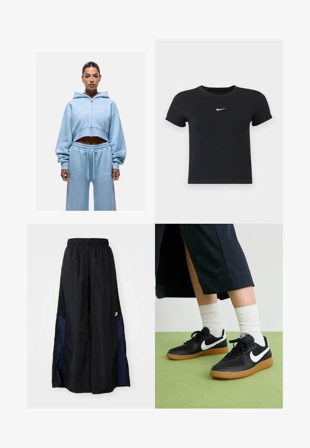 Felpa cropped blu chiaro con zip e cappuccio, abbinata a pantaloni joggers coordinati. Tessuto morbido, vestibilità comoda e dettagli del logo bianco su entrambi i capi.; T-shirt nera a maniche corte in cotone con scollatura rotonda. Presenta un logo Nike bianco sul petto, un design minimalista e una forma aderente.; Pantaloni neri a gamba larga realizzati in tessuto leggero, con un pannello laterale blu navy e una cintura elastica. Piccolo logo bianco sul fondo.; Sneaker in pelle nera e sintetica con logo Nike bianco, suola in gomma, punta rotonda e lacci neri. Calze bianche a righe visibili.