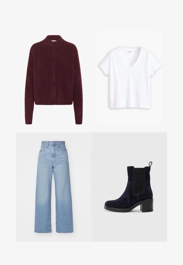 Cardigã ponto bordeaux com gola alta, mangas longas e botões pretos na frente. Feito de um tecido suave e texturizado.; T-shirt branca de algodão com decote em V, mangas curtas e bainha reta. Textura suave, design minimalista, sem padrões ou detalhes.; Jeans de cintura alta e perna larga em azul claro, com fecho frontal de botão e zíper, bolsos frontais e traseiros, sobre um fundo branco.; Bota de tornozelo em camurça azul-marinho com painel elástico lateral, bico redondo e salto bloco. O tecido texturizado e a sola lisa criam um contraste.