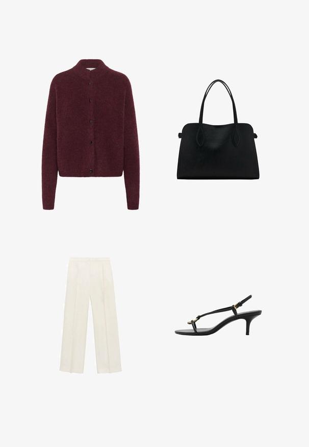 Burgundski pleten bonet s visokim ovratnikom, dolgimi rokavi in črnimi gumbi spredaj. Narejen je iz mehkega, teksturiranega blaga.; Rjava kratka majica s kratkimi rokavi iz mehkega materiala, s krožnim izrezom in ohlapnim krojem. Brez vidnih vzorcev ali dodatkov.; Hlače širokih nogavic v svetli kremni barvi. Narejene iz gladkega materiala s plitkimi naborki spredaj in stranskimi žepi.; Črne usnjene sandale s kitten peto, tankimi trakovi, zlate zaponke in minimalistično zanko za prste na beli podlagi.; Črna usnjena torbica z dvema naramnima trakoma, pravokotne oblike in minimalističnim dizajnom na beli podlagi.