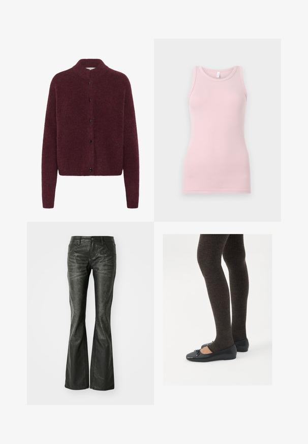 Burgundské pletené kardigán s vysokým límcem, dlouhými rukávy a černými knoflíky v přední části. Vyrobeno z měkké, texturované tkaniny.; Světlé růžové tílko vyrobené z měkké, elastické látky. Má kulatý výstřih a úzká ramínka, s hladkou strukturou a přiléhavým střihem.; Černé kožené zvonové džíny s předními kapsami, kovovým zapínáním a mírně texturovaným povrchem. Rovný střih s dlouhým zakončením.; Černé ploché boty s malou mašlí na špičce, kombinované s tmavě hnědými žebrovanými punčochami. Boty mají hladký povrch a nízký profil.