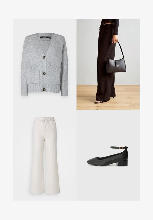 Szary dziergany kardigan z dekoltem w serek, czterema guzikami, dwiema przednimi kieszeniami oraz żebrowanym wykończeniem u dołu i przy mankietach. Miękka tkanina.; Dwie bluzki z długim rękawem: jedna czarna, a druga biała. Obie mają okrągły dekolt oraz gładką, żebrowaną teksturę. Metka marki widoczna wewnątrz dekoltu.; Jasnobeżowe spodnie o szerokich nogawkach z elastycznym pasem i regulowanym sznurkiem. Wykonane z gładkiego materiału; cechują się prostym, niezdobionym wzornictwem.; Czarne skórzane szpilki z ostrym noskiem i niskim słupkowym obcasem. Wyposażone w pasek na kostkę z złotym zapięciem. Gładka tekstura.; Czarna torebka o usztywnionym kształcie, gładkiej fakturze i metalowym zapięciem. Połączona z szerokimi czarnymi spodniami i sandałami na otwartym palcu na drewnianej podłodze.