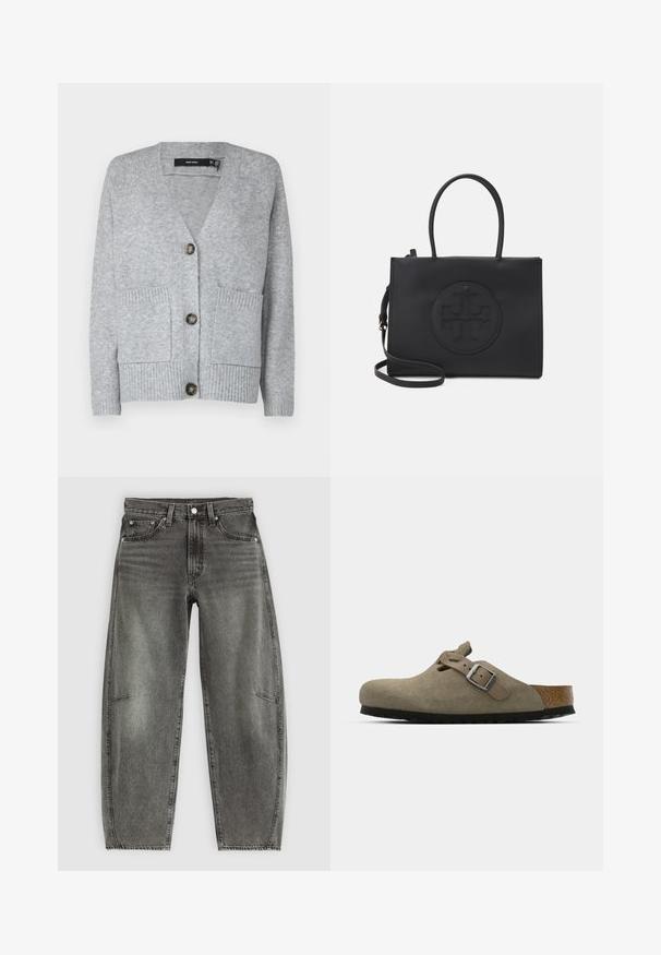 Harmaa neulecardigan, jossa on V-pääntie, neljä nappia, kaksi etutaskua ja ribbikuviointia helmassa ja hihoissa. Pehmeä kangasviimeistely.; Mustat lyhythihaiset bodysuitit, joissa on pyöreä kaula-aukko ja korkealle leikattu lahje, valmistettu sileästä ja joustavasta kankaasta.; Vaaleanharmaat korkeavyötäröiset, pesetyt farkut viidellä taskulla, nappikiinnitys ja rento suora lahje.; Korkkipohjaiset mokkanahkaiset klossit vaaleassa oliivinvihreässä. Varustettu metallisoljella ja pyöristetyllä varpaalla.; Musta käsilaukku, joka on tehty sileästä materiaalista, jossa on kaksi kahvaa, irrotettava olkahihna ja pyöreä kohokuvioitu logo yksityiskohta edessä.