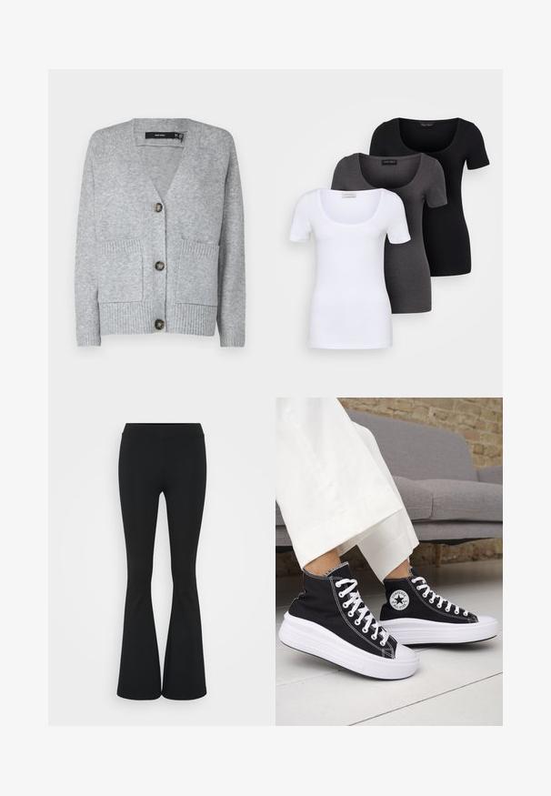 Grau gestrickte Strickjacke mit V-Ausschnitt, vier Knöpfen, zwei vorderen Taschen und geripptem Muster am Saum und an den Ärmelbündchen. Weicher Stofffinish.; Drei figurbetonte T-Shirts in Weiß, Grau und Schwarz. Jedes hat einen weiten Rundhalsausschnitt und kurze Ärmel. Hergestellt aus glattem, elastischem Stoff.; Schwarze, ausgestellte Hosen aus dehnbarem Material mit hohem Bund und glatter Textur. Die Hose weitet sich ab dem Knie.; Schwarze High-Top-Sneaker mit weißen Gummisohlen und Schnürsenkeln. Verfügt über ein rundes Logo-Patch und kontrastierende weiße Nähte. Aus Canvas-Material.