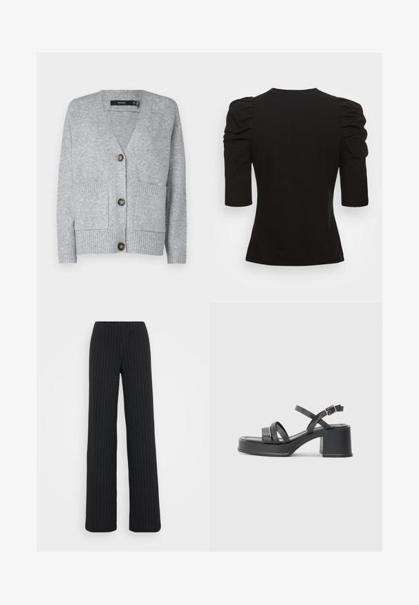 Sivi pleteni kardigan s V izrezom, četiri gumba, dva prednja džepa i rebrastom teksturom na rubovima i manžetama. Mekani završni materijal.; Vero Moda Tall VMEGAMAXI - Osnovna majica kratkih rukava - black; Vero Moda Tall VMBERLIN MY WIDE - Hlače - obsidian/oatmeal; Crne sandale s potpeticom, s više uskih traka i okruglim prstom. Potpetica je kvadratnog oblika s glatkom teksturom. Prilagodljiva kopča.
