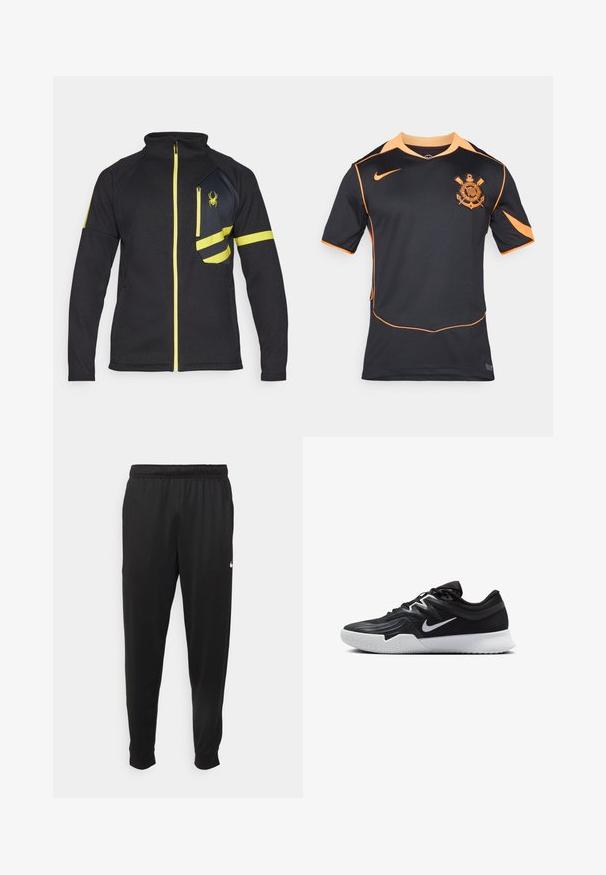 Zwarte zip-up jas van gestructureerde stof. Bevat gele accenten, een met rits afgesloten borstzak en een geborduurd logo aan de voorkant.; Zwarte sportshirt met korte mouwen, voorzien van oranje accenten en een logo op de linkerkant van de borst. Gemaakt van ademend materiaal.; Zwarte sportbroek gemaakt van gladde stof, met een elastische tailleband, taps toelopende pijpen en een klein wit logo aan de linkerzijde.; Zwarte sportieve schoen met een gestructureerde bovenkant, witte Nike swoosh en een witte rubberen zool. Beschikt over een veterontwerp en een dynamische vorm.