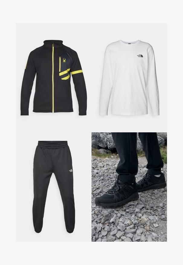 Veste zippée noire en tissu texturé. Présente des accents jaunes, une poche poitrine zippée et un logo brodé à l'avant.; T-shirt blanc à manches longues en coton avec un col rond. Présente un petit logo noir sur la poitrine. Texture lisse, coupe régulière.; Pantalons de survêtement noirs avec une taille à cordon de serrage, coupe fuselée, poignets élastiques et un petit logo blanc sur la cuisse gauche, fabriqués en tissu lisse.; Chaussures d'extérieur noires en matériau synthétique et en maille, présentant une tige texturée, un système de lacets sécurisé et une semelle extérieure robuste, sur un terrain rocailleux.