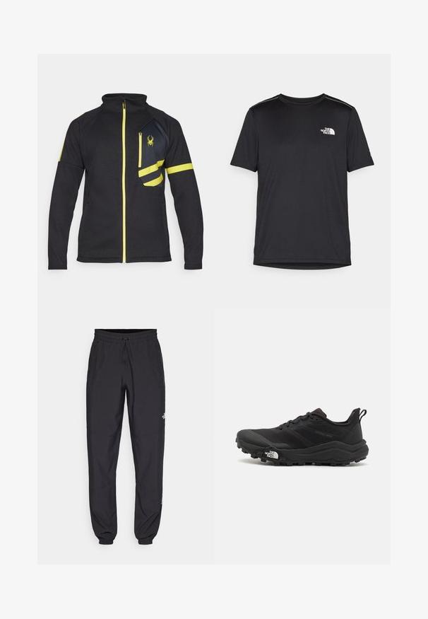 Zwarte zip-up jas van gestructureerde stof. Bevat gele accenten, een met rits afgesloten borstzak en een geborduurd logo aan de voorkant.; Zwarte T-shirt met korte mouwen, gemaakt van lichtgewicht stof. Bevat een klein wit logo op de linkerborst en verfijnde schouderaccenten.; Zwarte sportieve broek gemaakt van lichtgewicht stof, met een trekkoord in de taille, zijzakken en taps toelopende boorden bij de enkels.; Zwarte trailrunning schoen met een gestructureerde bovenkant, rubberen zool en versterkte neus. Voorzien van een gevoerde kraag en een trekhaak voor eenvoudig aan- en uittrekken.