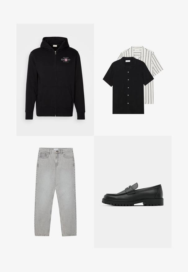 Crna zip-up dukserica izrađena od mješavine pamuka, s prednjim džepom, rebrastim manžetama i logom na prsima s crvenim i bijelim detaljima.; Dva kratka rukava košulje: jedna potpuno crna, a druga bijela s crnim okomitim prugama. Obje imaju dugmad i klasični ovratnik.; Svijetlosivi traper hlače s ravnim nogavicama, stilom s pet džepova i kopčanjem na gumb. Vidljivo šivenje duž šavova.; Crne kožne mokasine s zaobljenim vrhom, s ušivenim dizajnom, niskom platformom i teksturiranim, gumenim potplatom s izbočinama.