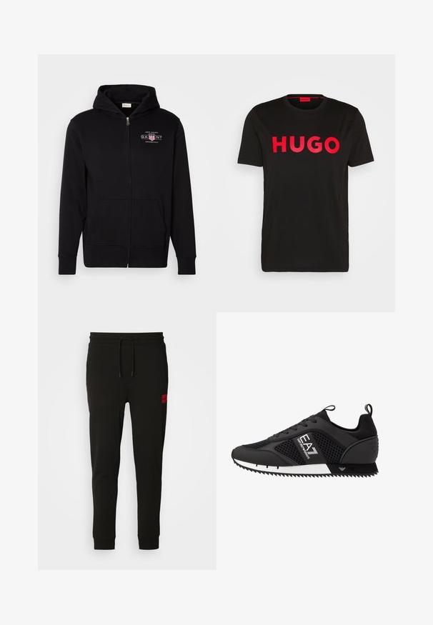 Veste à zip noire en mélange de coton, dotée d'une poche avant, de poignets côtelés et d'un logo sur la poitrine avec des accents rouge et blanc.; T-shirt en coton noir avec le texte "HUGO" en rouge vif sur le devant, manches courtes, col rond et coupe décontractée.; Pantalons de survêtement noirs en tissu doux, avec une taille à cordon, coupe slim et un patch logo rouge sur la cuisse gauche.; EA7 Emporio Armani Baskets basses - black/white