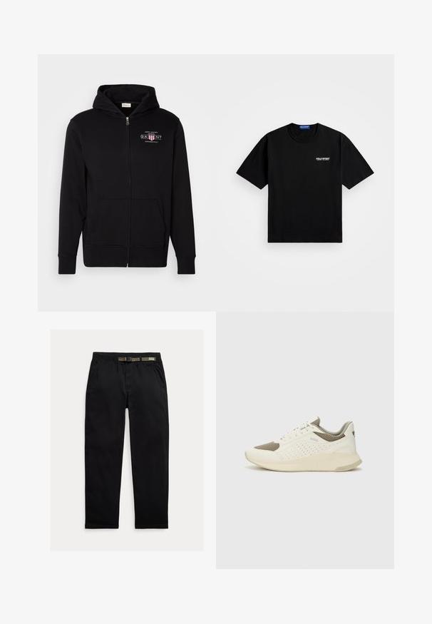 Black zip-up hoodie made of cotton blend, featuring a front pocket, ribbed cuffs, and a logo on the chest with red and white accents.; Black cotton t-shirt with a round neckline and short sleeves. Features "POLO SPORT" logo on the left chest in white. Standard fit.; Black pants made of lightweight fabric, featuring an elastic waistband with an integrated green belt, straight-leg cut, and side pockets.; White and light beige athletic sneaker, featuring a mesh upper, perforated detailing, and a textured midsole with branding on the heel.