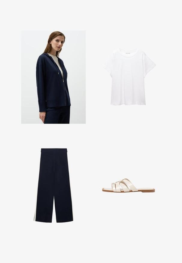 Felpa con zip color navy, in tessuto morbido, vestibilità rilassata, maniche lunghe, due tasche anteriori, dettaglio della zip argento, abbinata a pantaloni scuri con texture.; T-shirt bianco realizzato in un tessuto morbido e leggero. Presenta un collo rotondo e maniche corte e larghe con vestibilità morbida. Nessun motivo visibile.; Pantaloni a gamba larga blu navy con vita alta e strisce bianche ai lati, adagiati su uno sfondo bianco.; Infradito con suola in gomma color talpa, progettate con tre cinturini in pelle bianca sovrapposti e un piccolo dettaglio a fiocco al centro.
