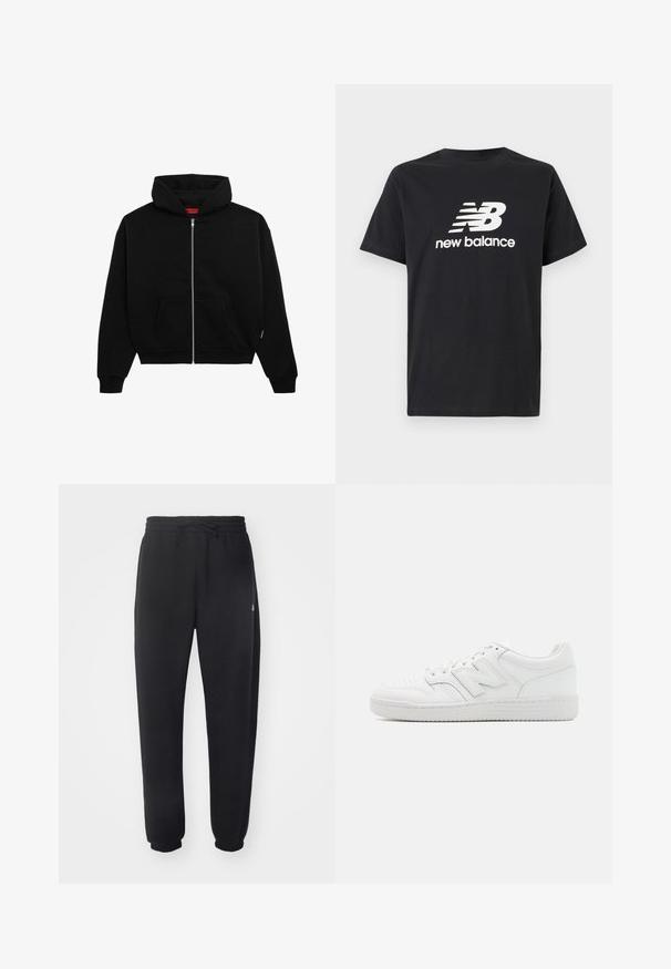 Felpa nera con zip realizzata in tessuto morbido, presenta una tasca frontale, polsini a coste e cappuccio con cordino. Senza pattern o dettagli visibili.; T-shirt in cotone nero con il logo bianco New Balance e un design grafico sul davanti. Maniche corte e collo a giro.; Pantaloni della tuta neri realizzati in materiale morbido con vita elastica, coulisse e polsini aderenti, caratterizzati da un logo sottile sul lato.; Sneaker bianco realizzato in pelle liscia, con punta perforata, suola in gomma testurizzata, lacci piatti e un prominente logo 'N' sul lato.