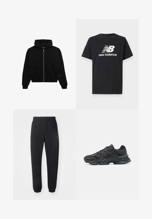 Schwarze Steppjacke mit Reißverschluss aus weichem Stoff, mit einer Vorderjacke, gerippten Bündchen und einer Kapuze mit Kordelzug. Keine sichtbaren Muster oder Akzente.; Schwarzes Baumwoll-T-Shirt mit einem weißen New Balance-Logo und Grafikdesign auf der Vorderseite. Kurze Ärmel und Rundhalsausschnitt.; Schwarze Sweatpants aus weichem Material mit elastischem Bund, Kordelzug und schmal zulaufenden Bündchen, die auf der Seite ein dezentes Logo zeigen.; Schwarzer Laufschuh mit einer Mischung aus Mesh- und sinthetischen Materialien, dicke Sohle, geschwungenes Design und auffälliger Markenkennzeichnung an der Seite.
