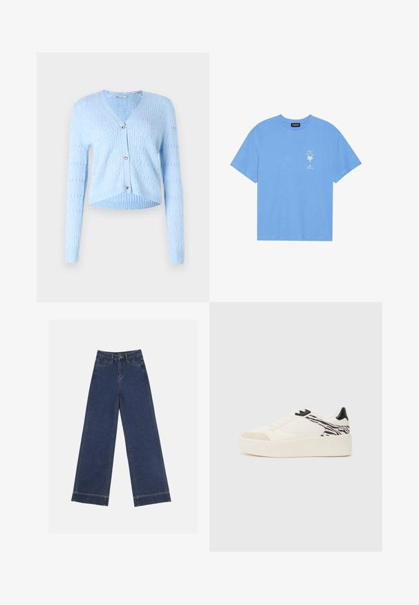 Világoskék kardigán, bordás textúrával, V-kivágással, hosszú ujjal, szív alakú gombzárral, rövidített aljjal. Puha kötött szövet.; Világoskék pamut póló, lekerekített nyakkal. Az elülső bal mellrészen egy fehér pálmafát és szöveget ábrázoló grafikával rendelkezik. Rövid ujjak.; Sötétkék denim széles lábú farmernadrág. Öt zsebbel, övhurkokkal és nyers szegéllyel az alján, amelyen látható varrási részletek találhatók.; Even&Odd Sportcipő - white/black