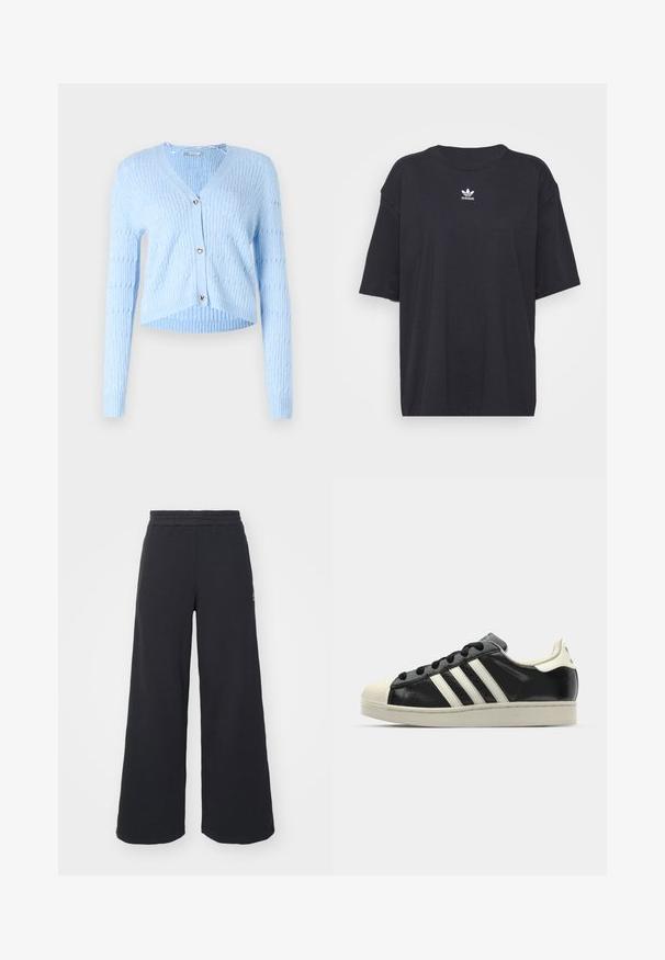 Šviesiai mėlynas megztinis, raukšlėta tekstūra, V formos apykaklė, ilgomis rankovėmis, širdelės formos mygtukų užsegimas, trumpintas hem. Minkšta megztinė medžiaga.; Juodas medvilnės marškinėliai trumpomis rankovėmis, apvaliu iškirpimu, su baltu Adidas logo ant krūtinės. Paprastas dizainas, laisvas kirpimas.; Juoda plačių kojų sportinė kelnė, pagaminta iš minkštos medžiagos, su elastinga juosmens juosta ir mažu logotipu kairėje pusėje.; Juodi odiniai sportiniai bateliai su baltais dryžiais, guminis toe kapas, juodi raišteliai ir kreminis padas. Lygus pavirčius su blizgiu finišu.