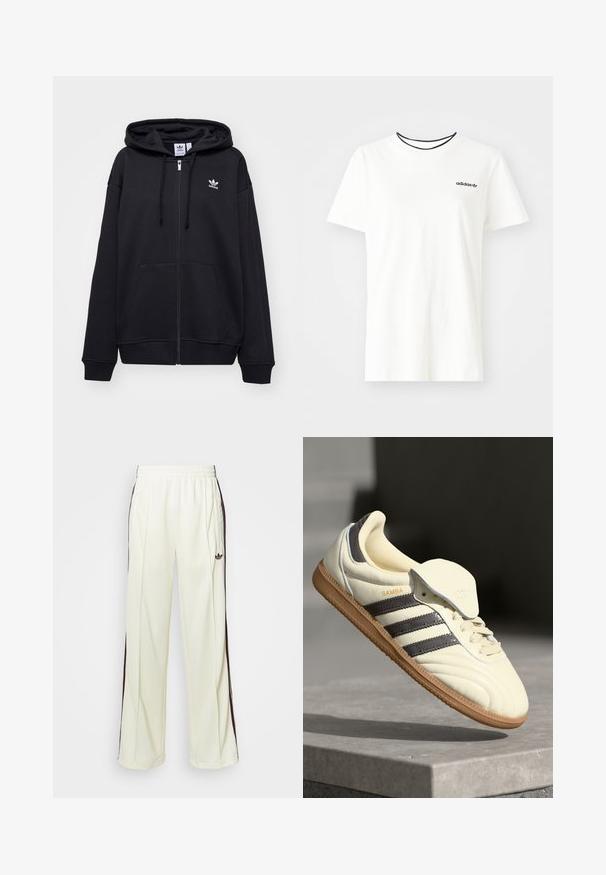 Juodas zip-up džemperis, pagamintas iš minkštos medžiagos, su kengūros kišene, reguliuojamu gobtuvu ir baltu išsiuvinėtu Adidas logotipu viršutiniame kairiajame kampe.; Balta medvilnė marškinėliai su trumpomis rankovėmis ir apvalia iškirpte. Ant krūtinės yra juodas Adidas logotipas, o vidinė apykaklė yra kontrastinga juoda.; Kreminės spalvos laisvos kelnės, turinčios tamsiai rudas šonines juostas ir išsiuvinėtą logotipą kairiajame šlaunyje.; Kremo spalvos odiniai sportbačiai su trimis tamsiomis juostelėmis, rudos gumos padas ir apvalus nosis. Yra lankstus liežuvis su užrašu "SAMBA."