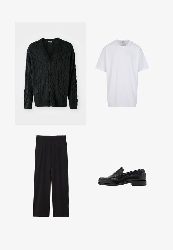 Crni kardigan od kabelaste pletenine s V-izrezom, prednjim gumbom, dugim rukavima i rebrastim manžetama i donjim rubom. Sadrži teksturirani uzorak kroz cijelu površinu.; Bijela pamučna majica s kratkim rukavima, zaobljenim izrezom, opuštenog kroja, bez vidljivih logotipa ili uzoraka. Glatka tekstura i minimalni dizajn.; Crne široke hlače s nabranim prednjim dijelom, bočnim džepovima i glatkom teksturom tkanine. Dizajnirane za opušteni kroj.; Crne kožne mokasine s glatkom površinom, šivenim detaljima na prstu i dizajnom niskog potplata za udobnost i stil.