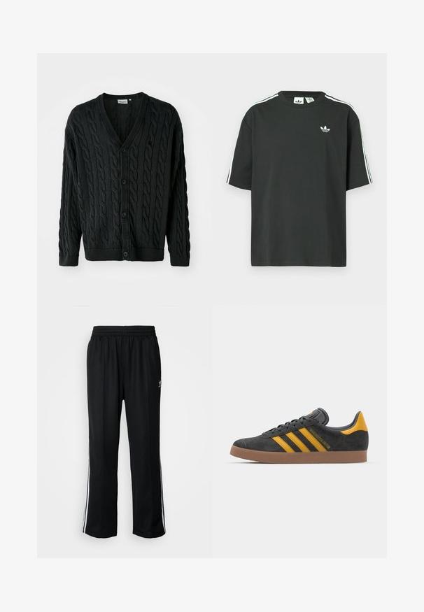 Melns adīts kardigans ar V veida kakla izgriezumu, pogu aizdari, garām piedurknēm un ribotām aprocēm un apakšmalu. Iezīmējas ar faktūru visā virsmā.; Melna kokvilnas T-krekls ar īsām piedurknēm, apaļu kakla izgriezumu un baltām trim svītrām uz pleciem. Uz krūtīm neliels balts logo.; Melni sporta bikses ar elastīgu jostas vietu, kurām ir baltas sānu svītras un neliels logotips. Materiāls izskatās mīksts un viegls.; Melnas zamšādas kedas ar dzelteniem akcentiem, kurām ir trīs svītras un brūna gumijas zole. Iekļauta mīksta valkāšanas tongue komfortam.