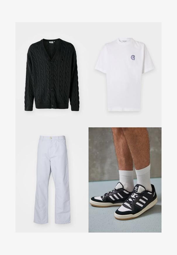 Mustavilla neulevillatakki V-pääkohdalla, napit edessä, pitkät hihat sekä resorireunat hihansuissa ja helmassa. Sisältää teksturoidun kuvion koko matkalla.; Valkoinen puuvillainen lyhythihainen T-paita, jossa pyöreä kaula-aukko ja vasemmassa rinnassa pieni, kirjailtu sininen "C"-logo.; Vaaleansiniset suorat housut, jotka on valmistettu puuvillasta. Niissä on etutasku, vetskari ja yksi metallinen nappi vyötäröllä.; Valkoiset ja mustat tennarit, joissa on mokkanahka- ja nahkapäällinen, kolme valkoista raitaa, rei'itetty kärki ja kumipohja.