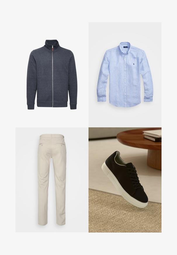 Sötét szürke, zipzáros kapucnis pulóver magas gallérral, oldalsó zsebekkel és bordás mandzsettákkal. Puha, struktúrált anyagból készült.; Kék és fehér csíkos, hosszú ujjú pamut ing, gombos gallérral, elől gombokkal és egy kis hímzett logóval a mellkason.; Beige nadrág sima felülettel, egyenes szabással, két gombos hátsó zsebbel és normál derékrésszel.; Fekete sneakers fehér talppal lebeg egy bézs textúrájú szőnyeg felett, egy kerek fából készült asztal közelében, rajta egymásra pakolt könyvekkel.